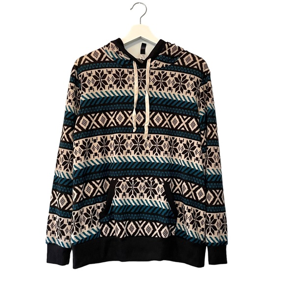 AztecTribal Hoodie Floral Blue Gray Women’s Size 1X Kangaroo Pocket Lightweight - Picture 1 of 14